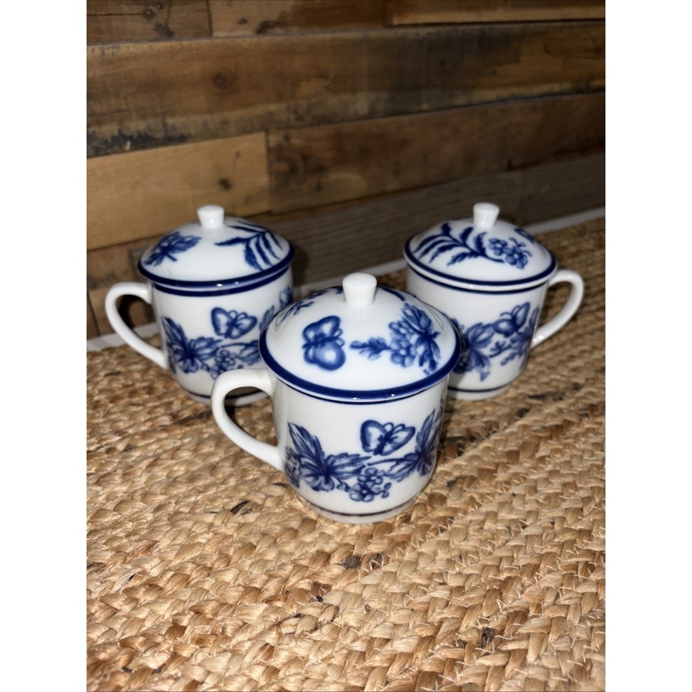 3 Williams Sonoma Flow Blue White Floral Coffee Tea Cup Mug Lids Dishwasher Safe